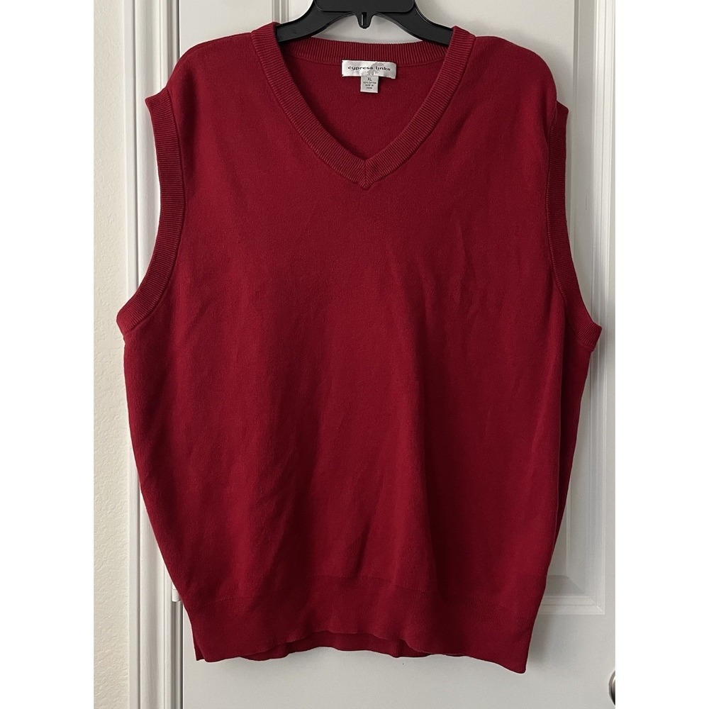 Cypress Links Mens XL‎ Red V-Neck Sweater Vest 100% Cotton Knit Sleeveless Golf
